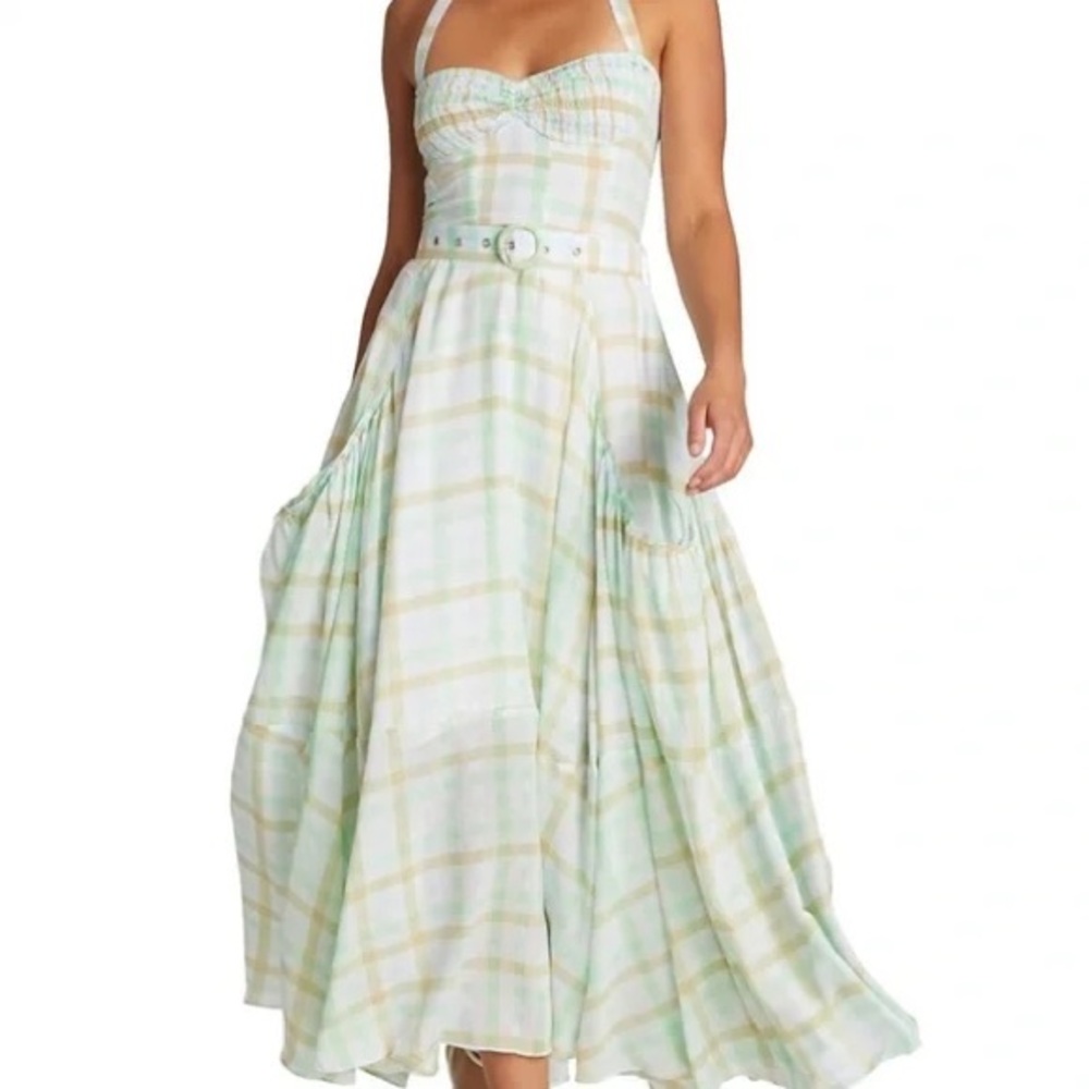 NEW SWF Sky Gingham Print Halter Maxi Smocked Dress Women's Small